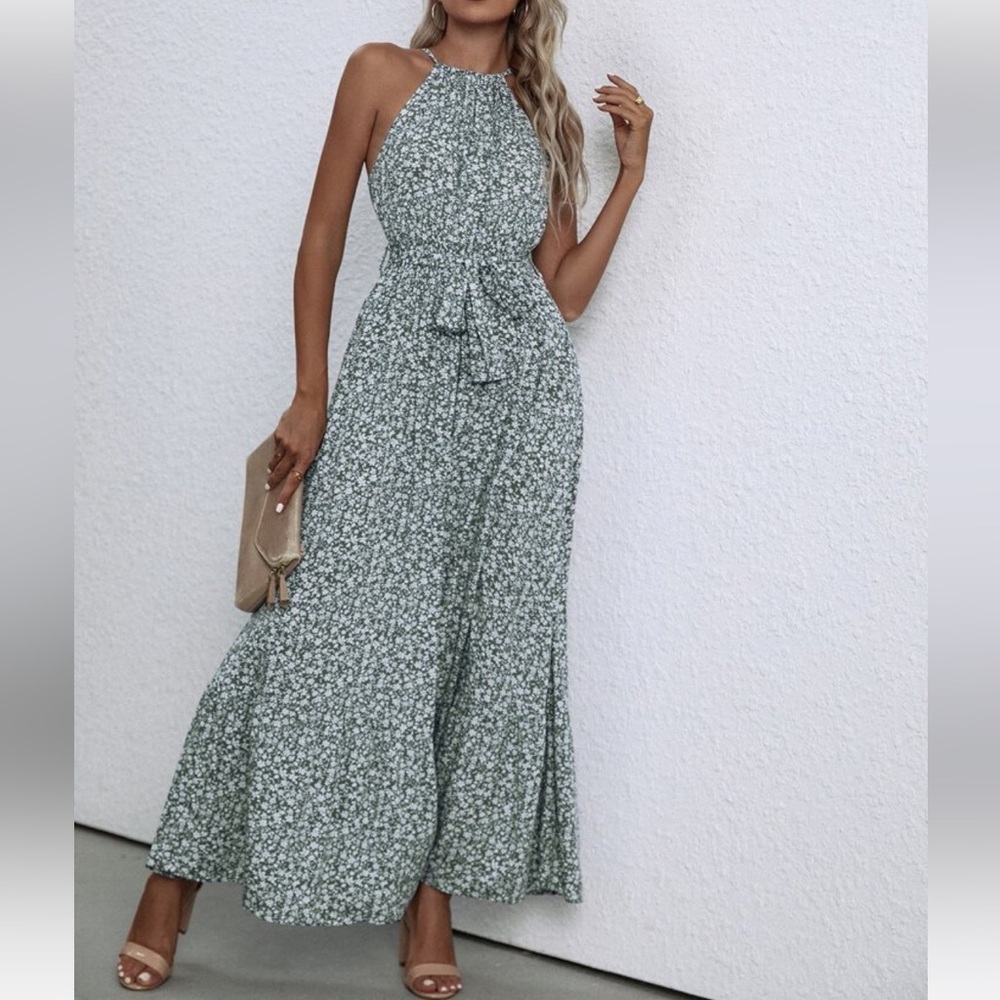 Ditsy Floral Print Ruffle Hem Belted Halter Dress